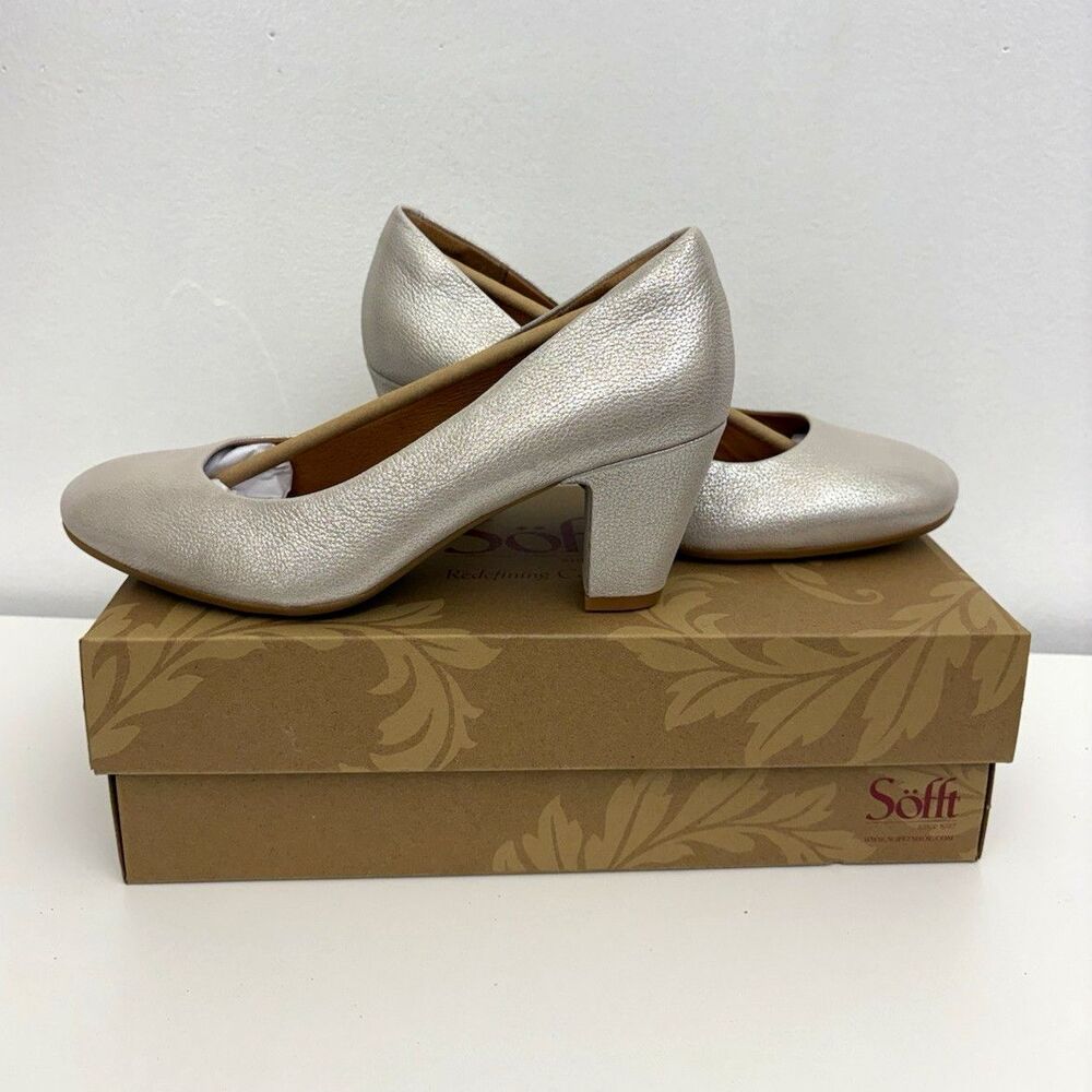 Sofft Lana Champagne Leather Round Toe Block Heel Slip-On Pumps Womens 8M EU 39